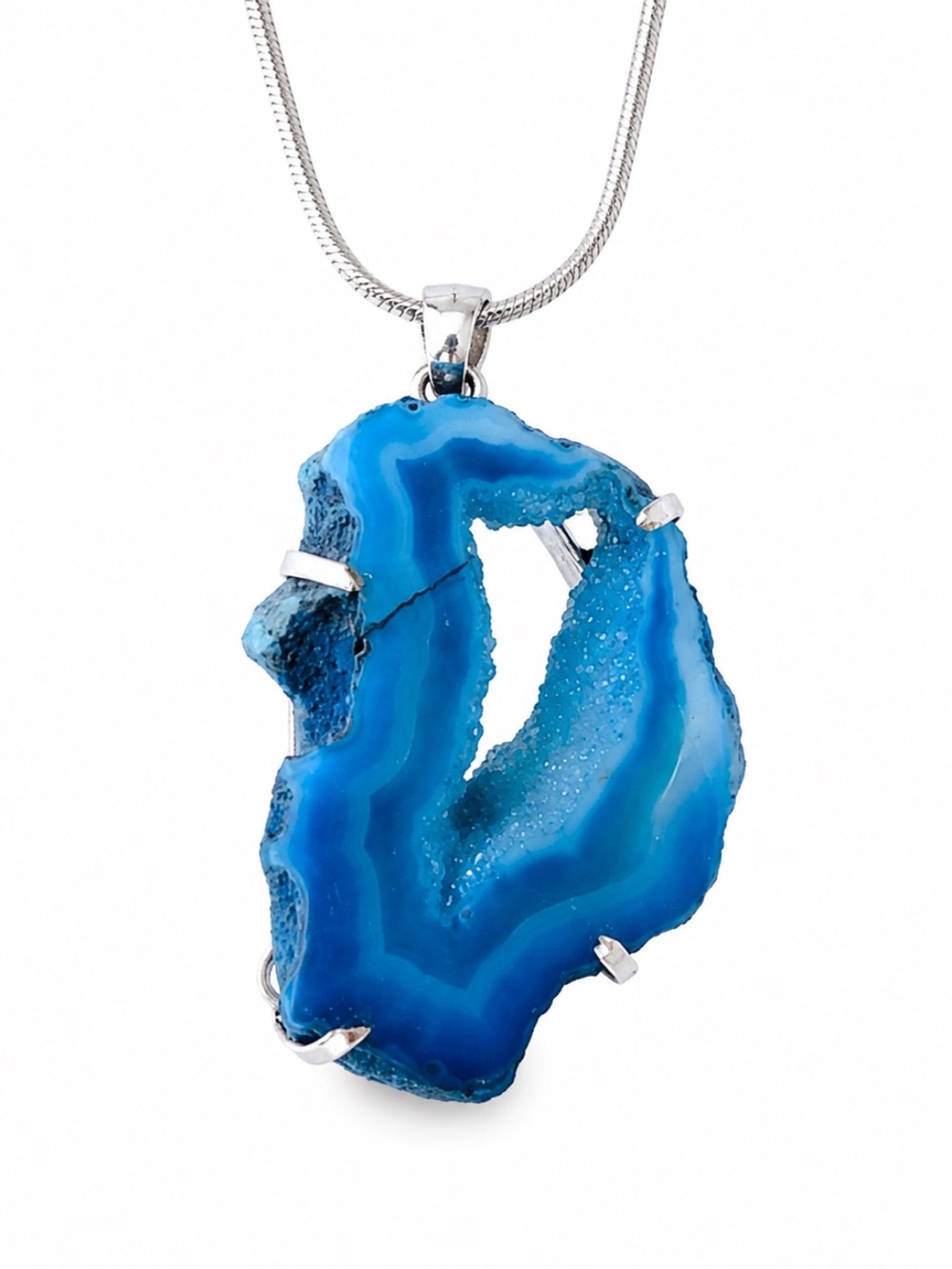 Blue Agate Slice Silver Necklace